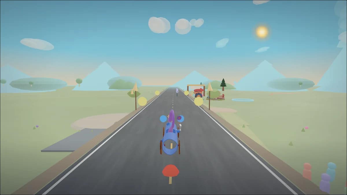 A racer driving through the open Racerverse world