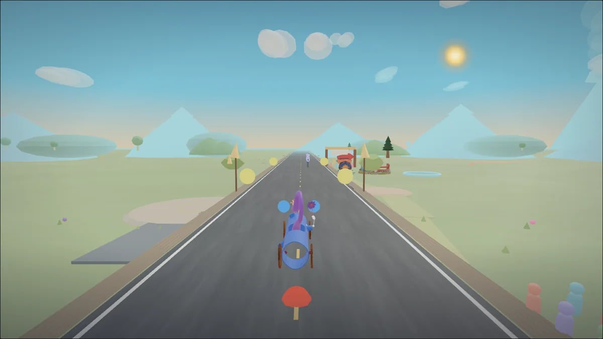 A racer driving through the open Racerverse world