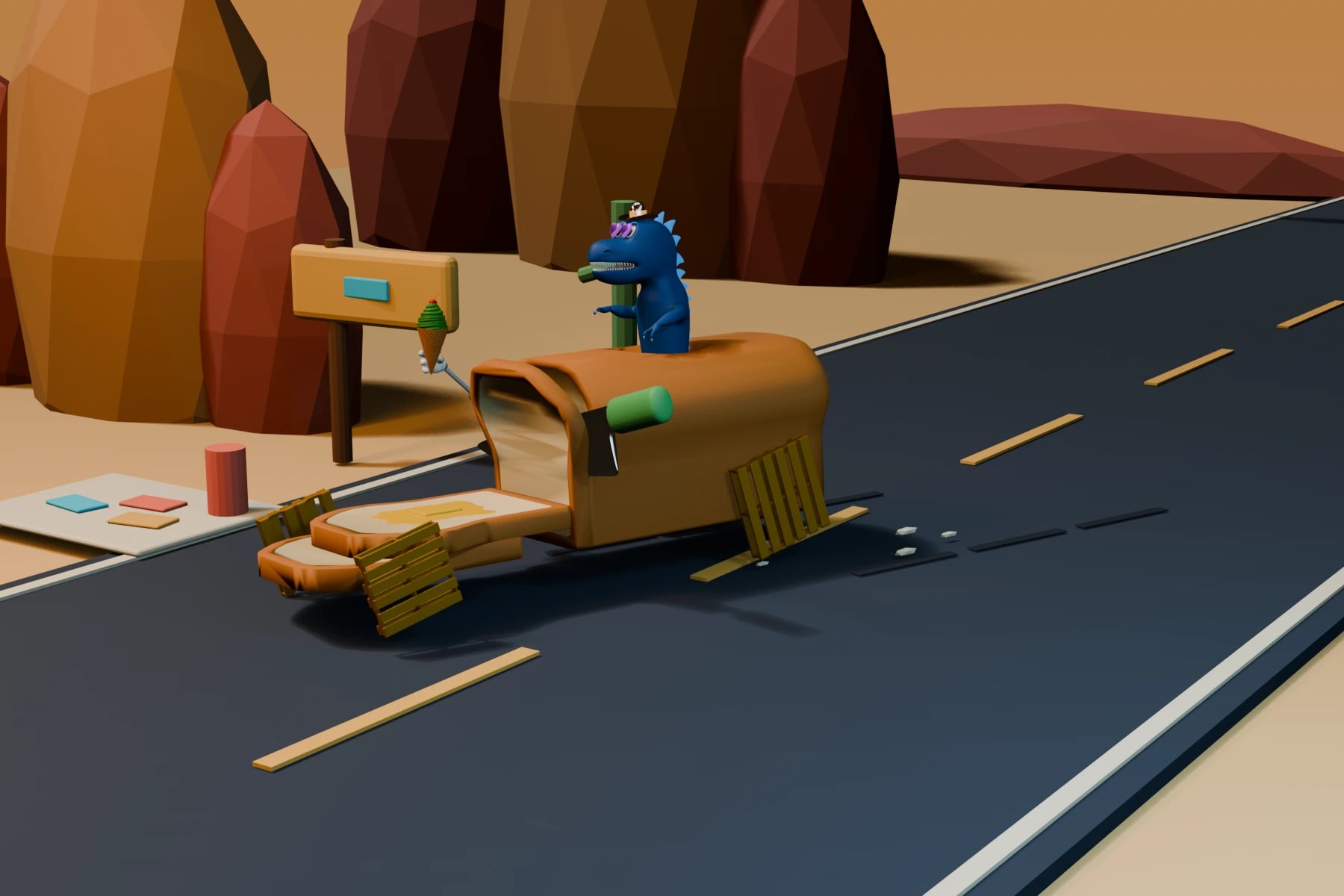 A dinosaur driving a sandwich racer through a warm canyon toward a route sketch