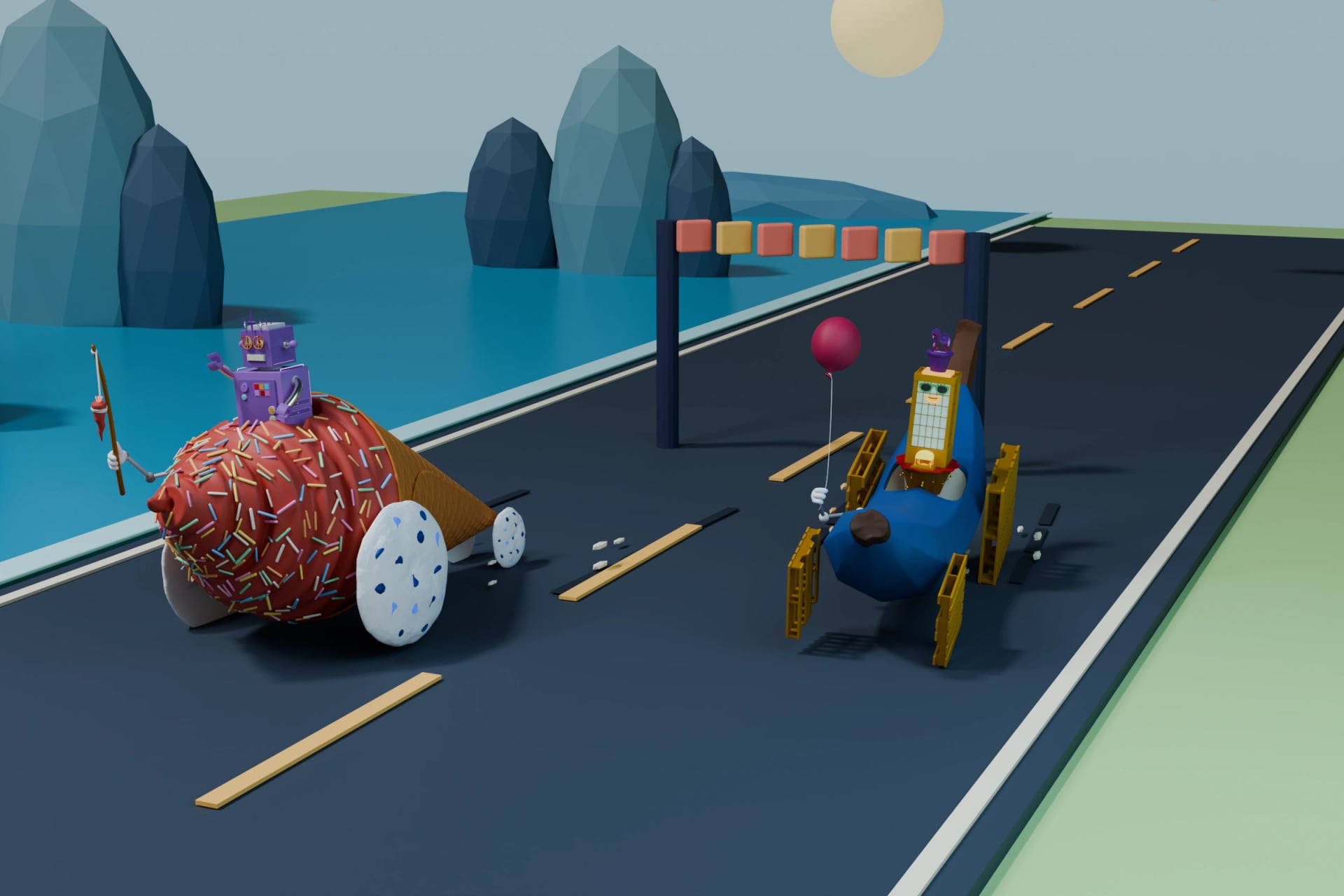 An ice-cream racer and banana racer sharing shortcuts at Saltwind Coast