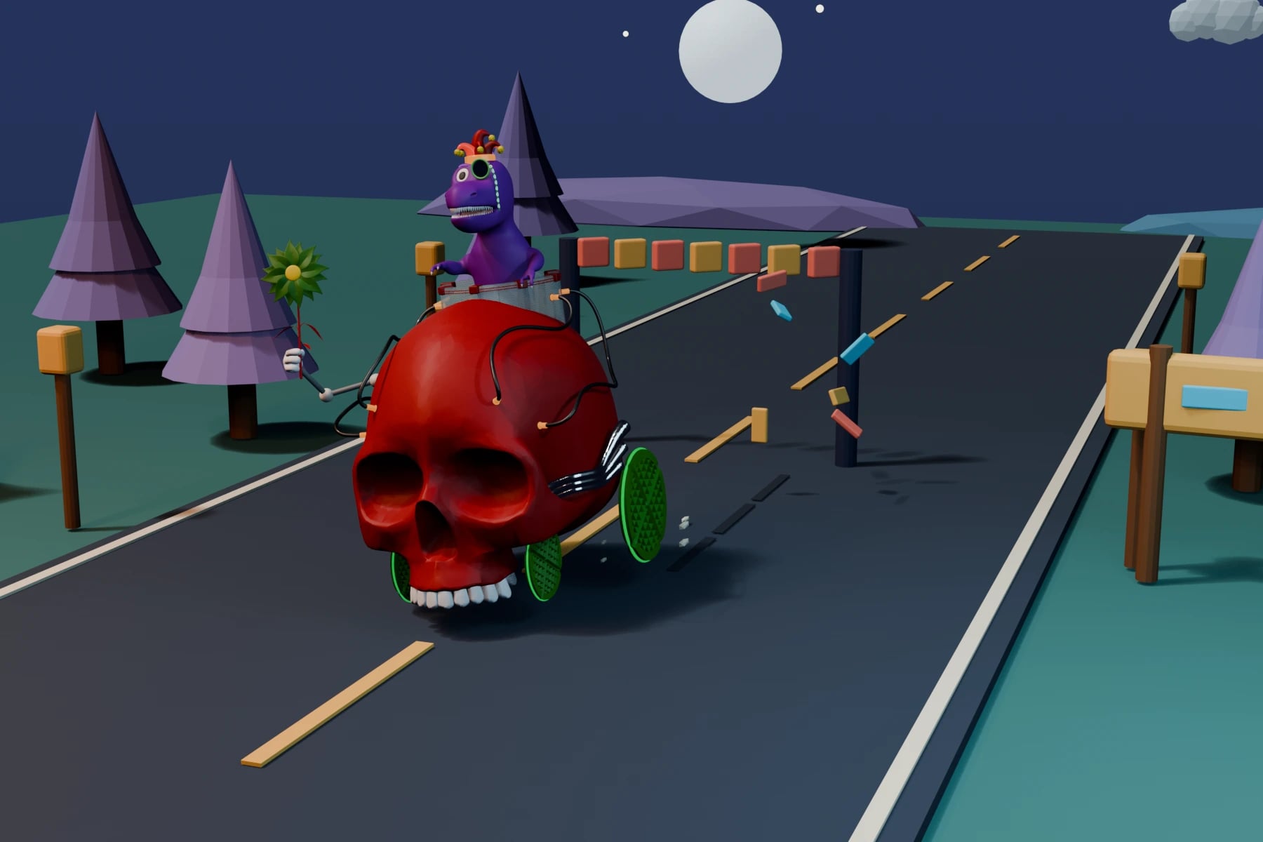 A red skull racer with lime wheels bursting through a moonlit forest checkpoint with confetti