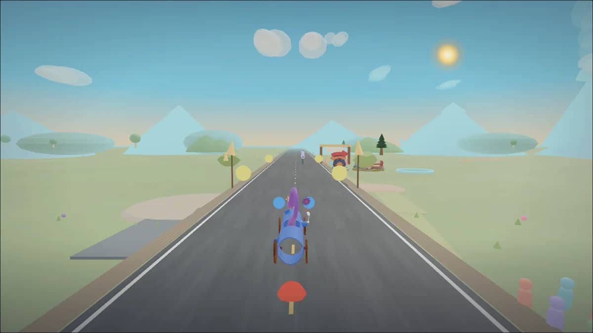 A racer driving through the open Racerverse world