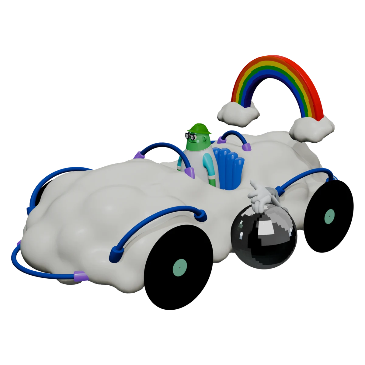 GB 88-3807, an original Racerverse Cloud racer with a rainbow, green driver, and a mirrored ball attachment.