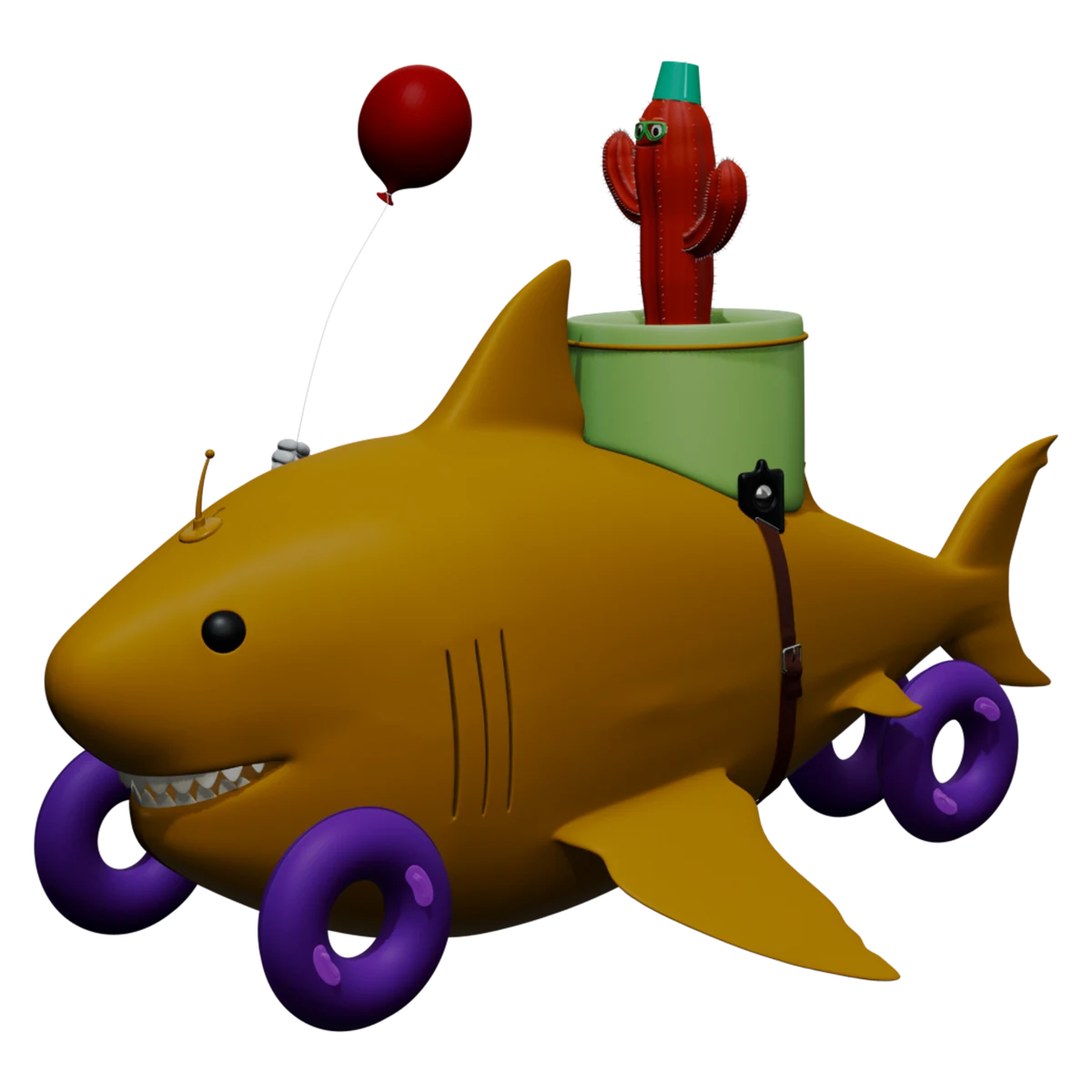 JX 47-4325, an original Racerverse Shark racer with a cactus driver, balloon, and purple inner-tube wheels.