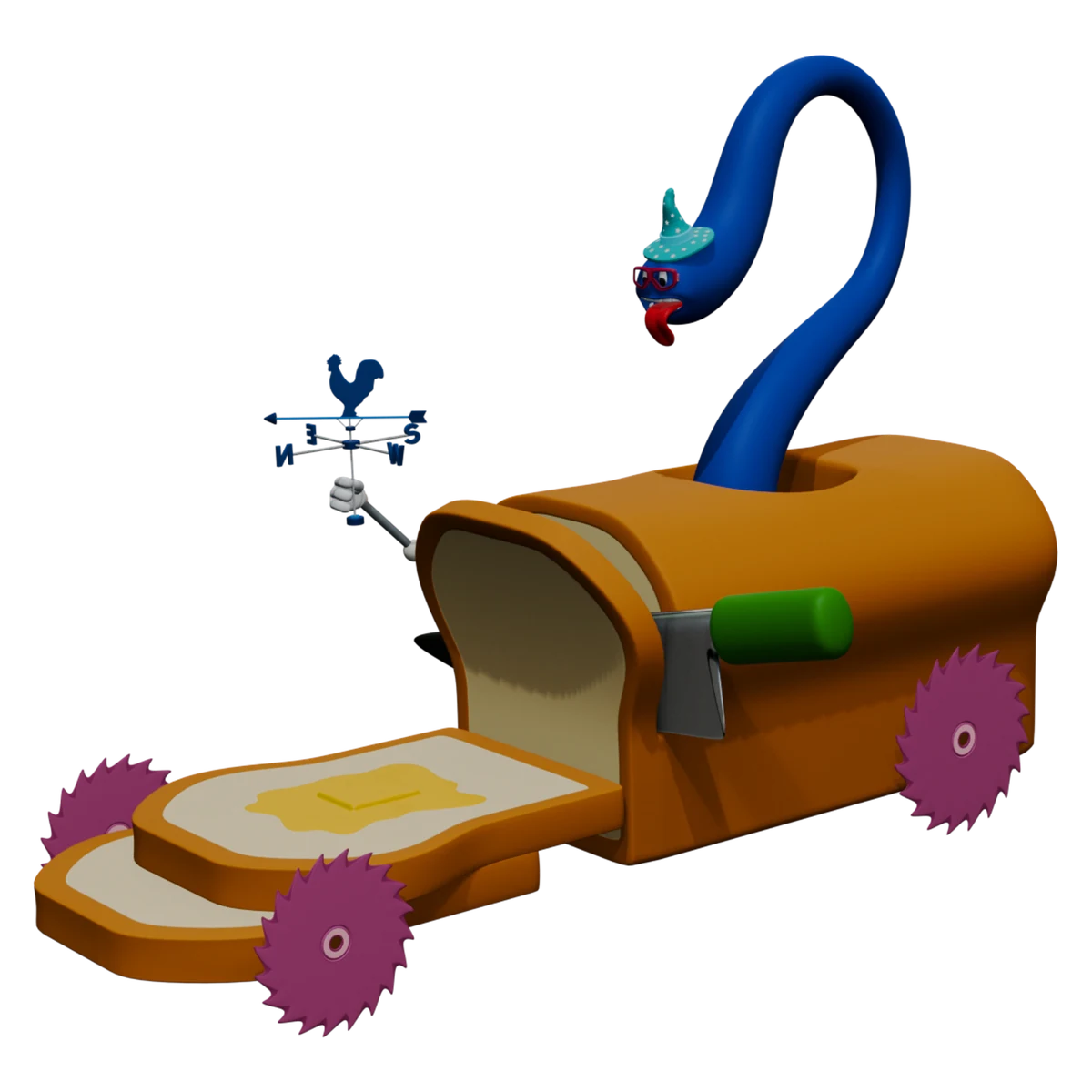 QT 44-1215, an original Racerverse Loaf racer with a long blue driver, wizard hat, and purple saw-blade wheels.