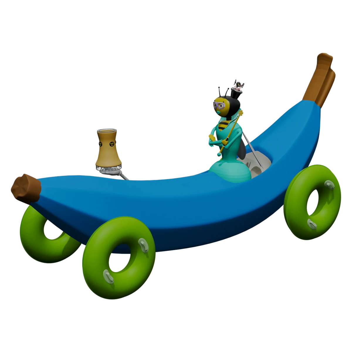 XWY 4262, an original Racerverse Banana racer driven by a queen bee with bright green inner-tube wheels.