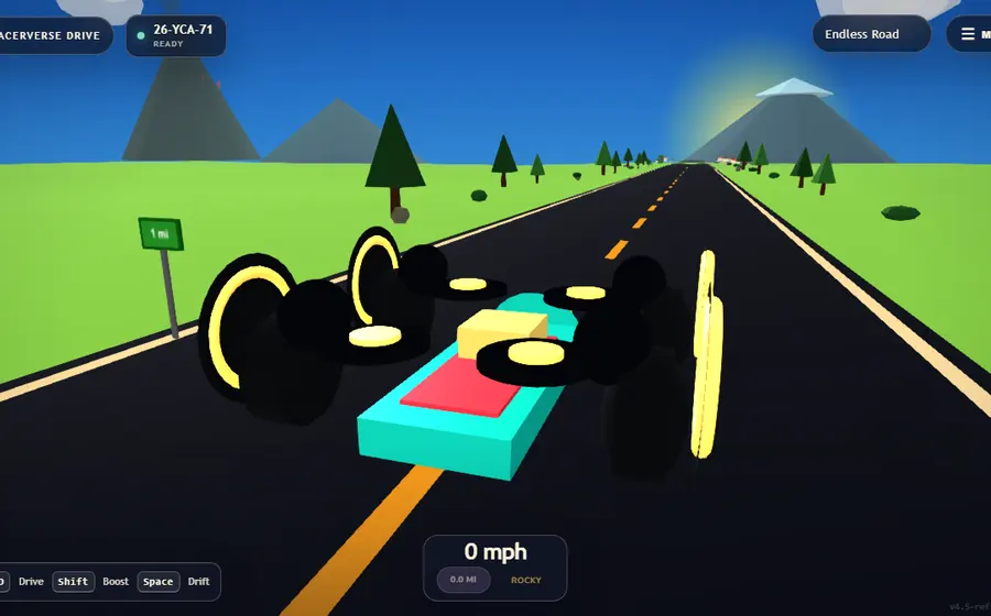 A racer driving through the open Racerverse world