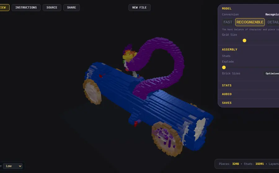 A playful brick-built scene around a racer