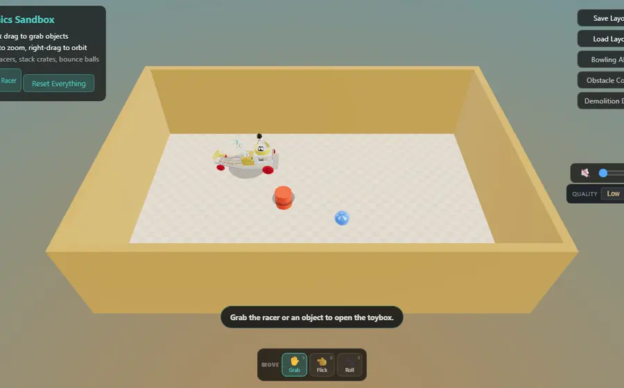 Racers and objects arranged for open-ended Toy Box play